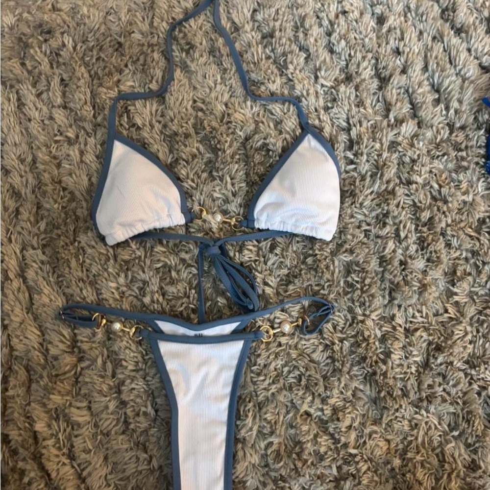 SHEIN White and Blue Bikini with Gold Accents